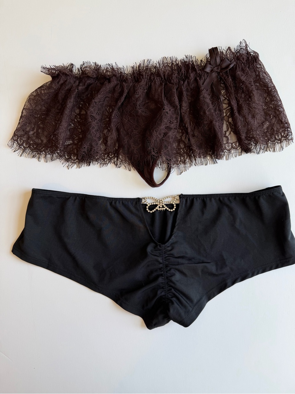 Victoria's Secret Black Lace Bandeau & Rhinestone Bow Boyshort Set